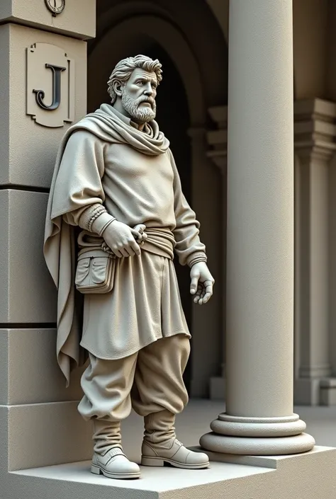 Master Mason of stone building himself as a sculpture next to a column with the letter J and a clock that marks noon on the dot 