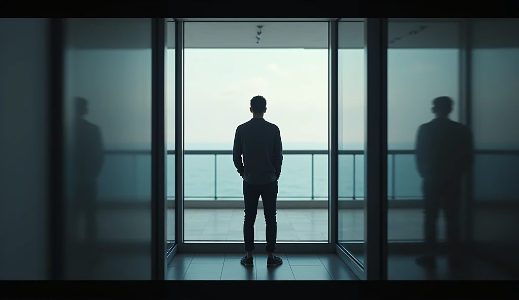 A reflective person standing by a window, contemplating life, modern day, casual clothing, indoor space, looking out with a thoughtful expression, hyper-realistic, photo realism, cinematography.