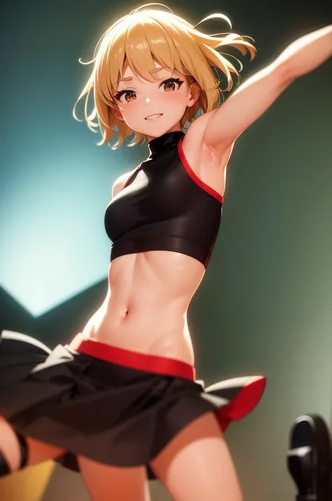 A dynamic, Ghibli-inspired illustration of an 1 Japanese girl playing a full drum set on stage. She has short blonde bobbed hair and is wearing a red cropped shirt and a black mini skirt. Her long legs, accentuated by thigh-high black tights and high heels...