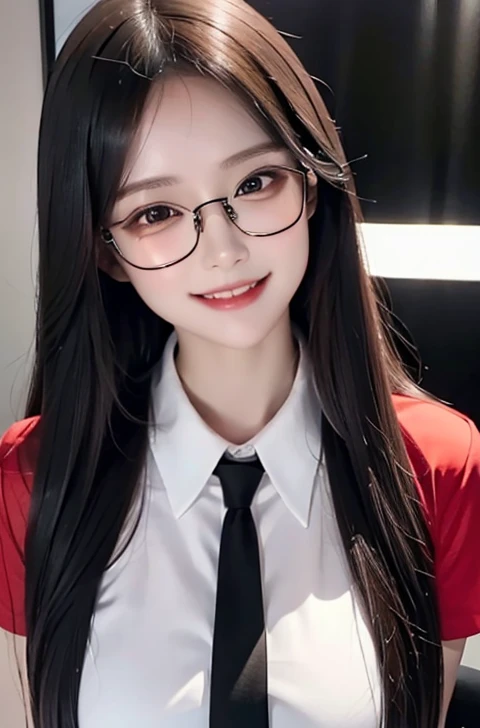 A woman smile,red t-shirt suit black, office suit, long hair straight, high detailed, realistic, ultra realistic, ((smart glasses eyes and smile)) 