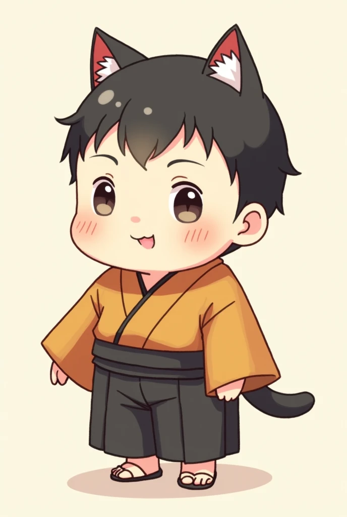 Boy in Japanese clothing,Chubby body type,Hair is short and black,Has cat ears and a tail