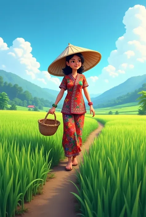 4d cartoon of Indonesian woman wearing kebaya, bamboo hat, carrying basket, walking in rice field, realistic high contrast, high color effect, 8k, detail, focus