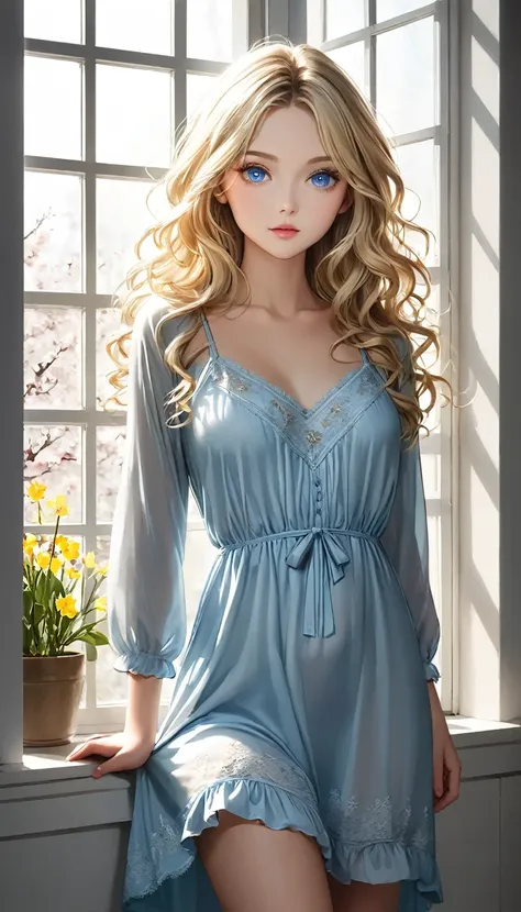 a young blonde with blue eyes and wavy hair down to her waist, she is standing near the window, with a wonderful sexy nightgown:...