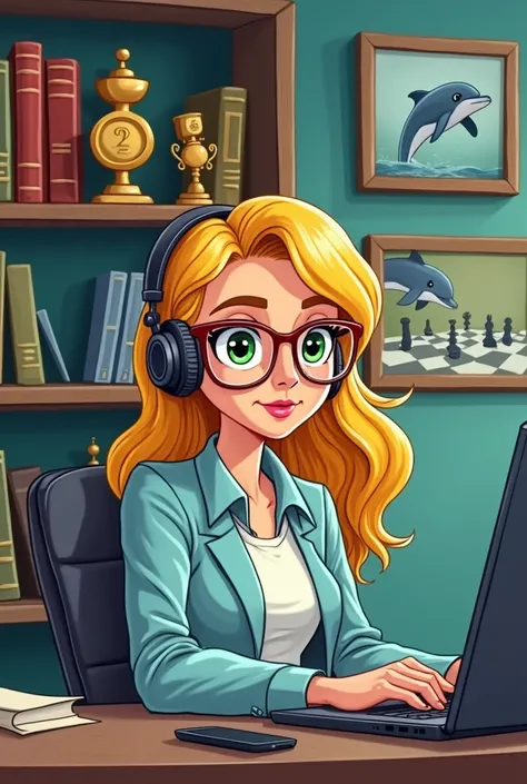 Cartoon female systems engineer, with yellow hair, green eyes, executive glasses and headphones, sitting in an office ,  In the background a shelf with programming books, apart from the basketball trophies for best scorer and medals . There is also a paint...