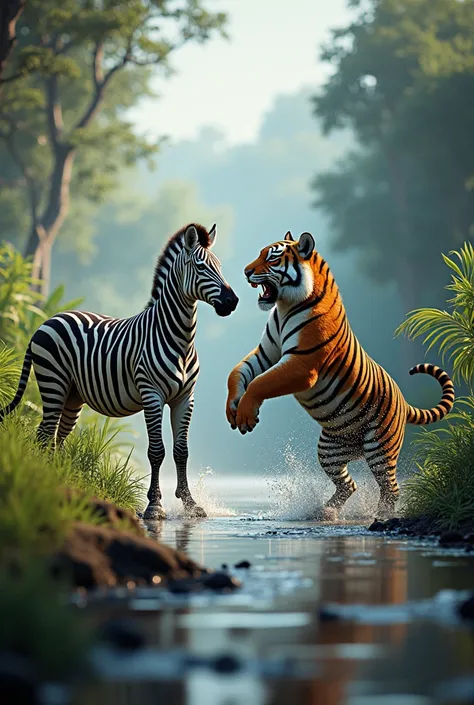 Zebra and tiger in River side 