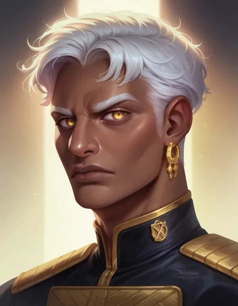 A prepubescent girl with straight white hair., dark skin latino descent, Purple iris, He is wearing a black tactical uniform decorated with gold thread and a gold snake-shaped earring... Detailed eyes, Detailed face, Intricate grunge costumes, Movie lighti...