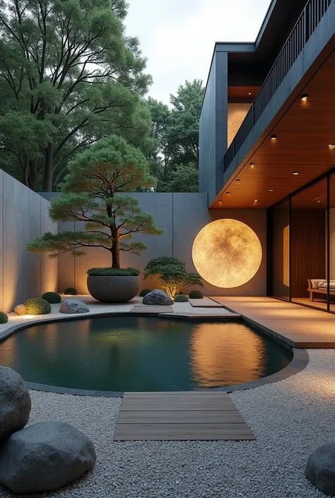 This is a Japanese-style garden but located in a modern house, surrounded by a 4m high wall, arranged very carefully and delicately, creating a sense of peace and meditation. Photo angle from the gate looking in, the house is on the right. Wooden floors co...