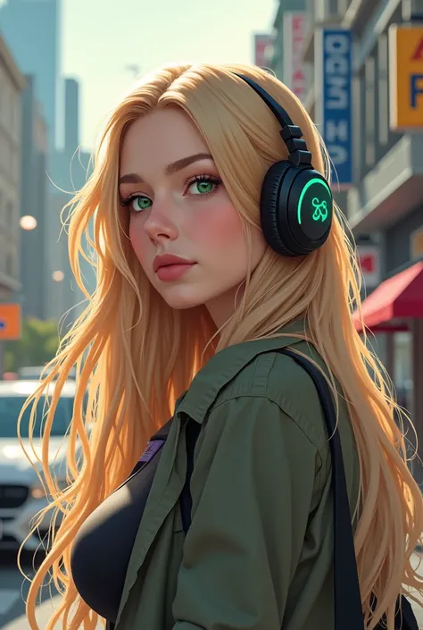 (masterpiece), (best quality, highres, highly-detailed, illustration), 1girl, solo, city, contemporary, profile picture closeup, blonde beige long hair, green eyes, beautiful detailed eyes, squatting, headphones, 8k, trending on ArtStation, featured on Pix...