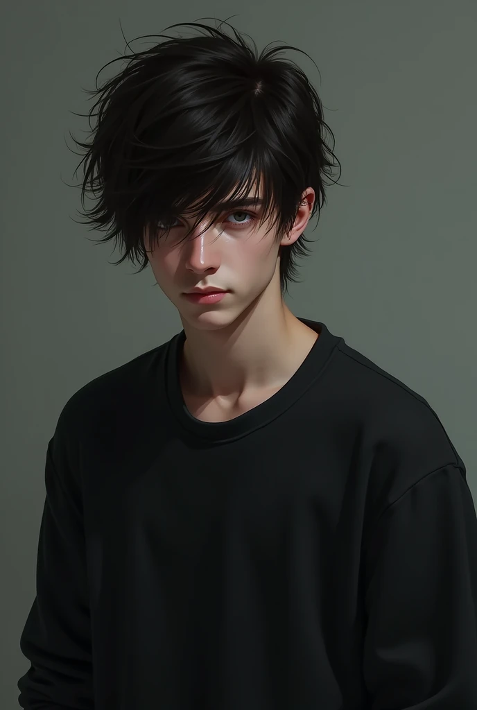 Teenage man in black sweatshirt with messy black hair 