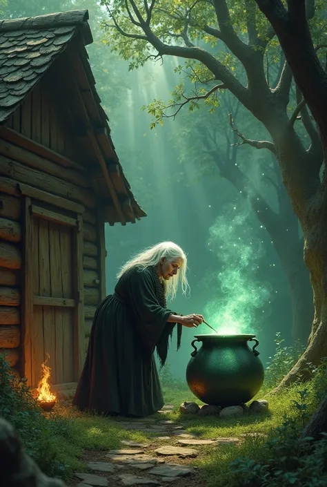 An old woman with white hair is stirring a large cauldron of green liquid.、witchの家、witch