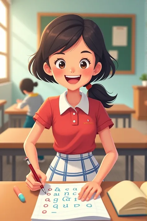 Happy girl answering an exam wearing a red polo shirt with a white collar and a white plaid skirt with blue lines in a cartoon format