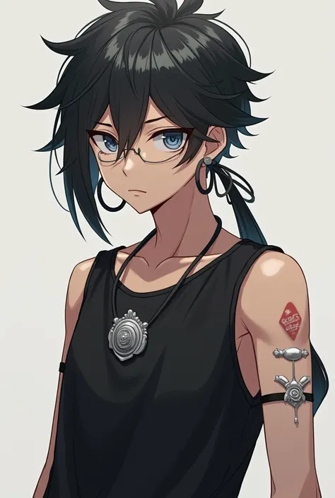 Anime boy, wearing a black shirt with ni sleeves, and hair styled in a long mod cut, wearing two silver earrings and a silver medallion 