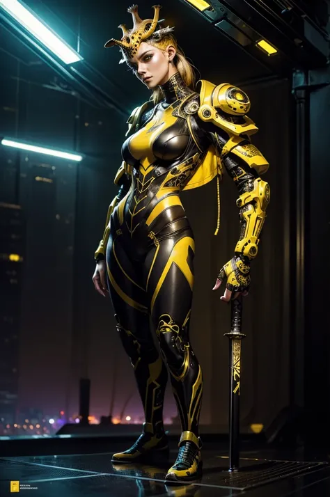 a (giraffe pattern outfit) yellow and black outfit,sword,beautiful cyberpunk woman,cyberpunk angry gorgeous goddess,beautiful cyborg girl ,hyper realistic,intricate details,cinematic lighting,vibrant colors,award winning,stunning,masterpiece