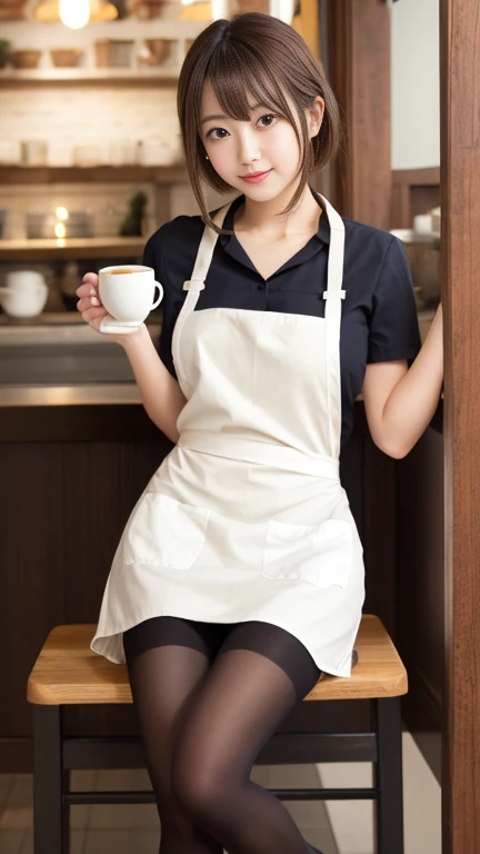 1 girl, Alone, Nino Nakano, Light brown hair, Butterfly Hair Ornament,  (White apron), Big Breasts, Clevis, Thighs, Cafe Background(:1.3), sitting on a chair with legs wide open, Pantyhose