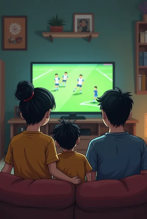 A lower middle class family should be a big teen girl and a big brother,father and mother watching football match on tv facing towards tv 