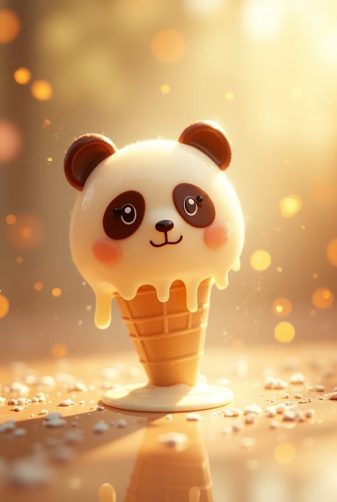 A Panda ice cream melting gently, with a soft golden glow surrounding it. In the background, images of happy or nostalgic moments (like a family on a picnic, a sunset, or a summer afternoon) they fade away smoothly, as if they were fading away with the ice...