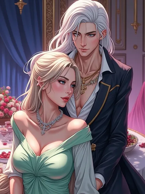 A handsome Kunzite / Malachite man with long white hair,A handsome Kunzite / Malachite man with long white hair, European appearance stands , beautiful man, beautiful skin,beautiful body,Sailor Venus with golden hair passion seduceseros kisses lip a red bo...