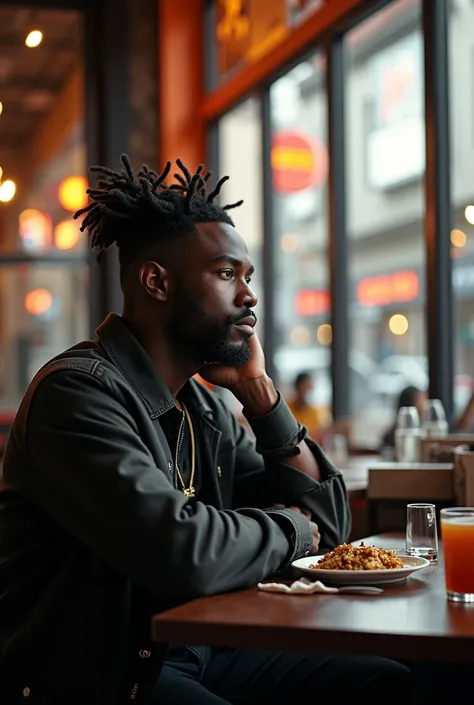 In a day setting Generate an image of a dark black young man sitting at the corner of a restaurant eating and looking out through the glass window 