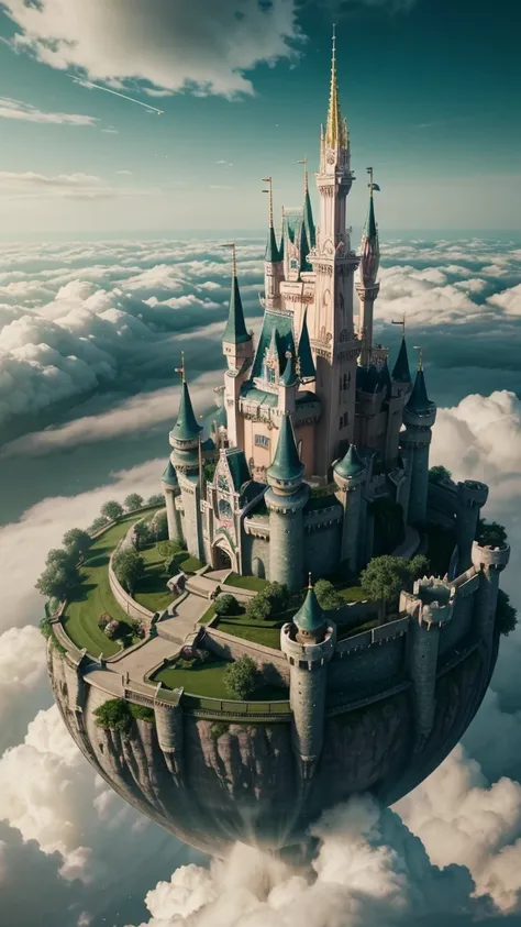 epic cg matte painting, wide view, pale green clouds, disney castle, garden full of flowers on the clouds, a few drops of water ...