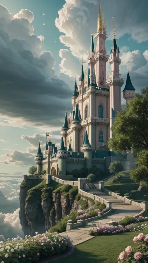 epic cg matte painting, wide view, pale green clouds, disney castle, garden full of flowers on the clouds, a few drops of water ...