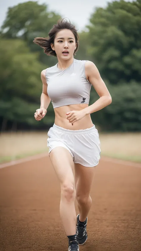 (Best Quality:1.5), (Real:1.4), (Ultra high definition:1.4), (No correction:1.4), (25yo woman), (Japanese woman with muscular very small breasts with uniform is running at full speed in the ground), (muscular body with sunburned skin), (muscular very small...