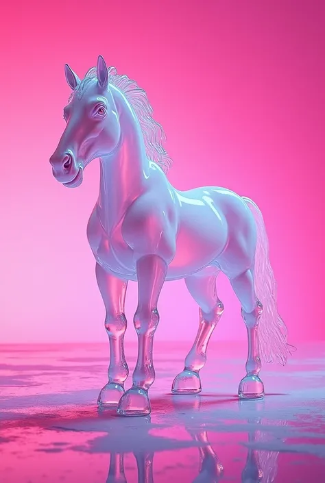 A horse made of ice, and a pink background with 4 paws and the word "PAY 2 WIN" written with pink and futuristic fonts