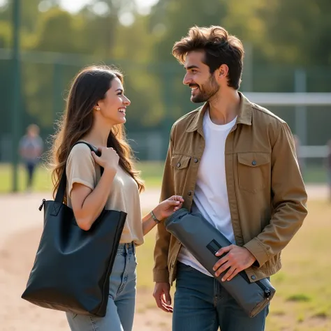 A pair of 2 young men and women(European),Looks like a model,in sports park,Both are wearing(Loose long sleeve trendy clothes),Each hand holds a black tote bag(main),A girl with a pretty face carries a tote bag on her shoulder,The boy&#39;s handsome face i...