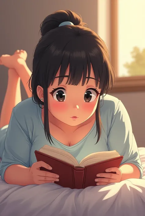 Kinda chubby young-adult woman weights 70 kilos, 2, reading looking at the book, anime-like style, hair tied up, without bangs, black eyes, filipino, wearing shirt and pajama, lying down on stomach, eyes on the book, without cleavage 