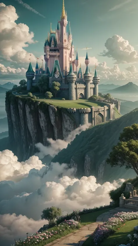 epic cg matte painting, wide view, pale green clouds, disney castle, garden full of flowers on the clouds, a few drops of water ...