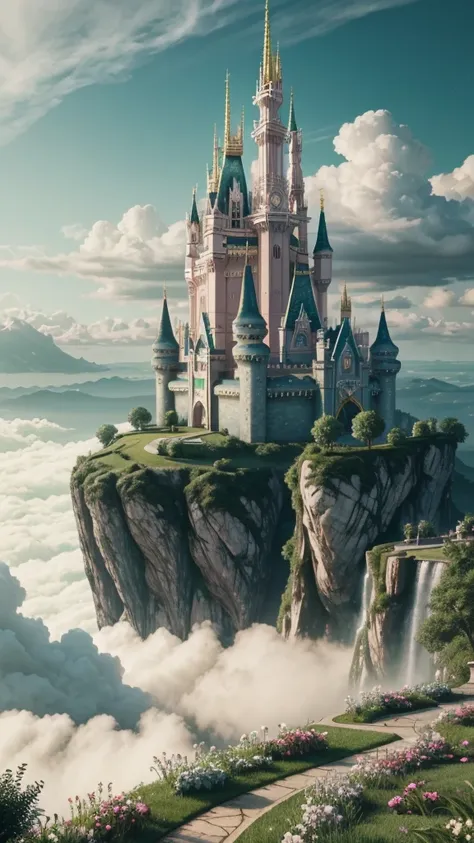 epic cg matte painting, wide view, pale green clouds, disney castle, garden full of flowers on the clouds, a few drops of water ...