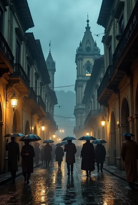 Take me a photo of rainy Bogotá at night and in an ancient time