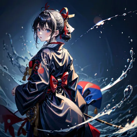 Perfect Anatomy、A girl in a kimono stands holding a jet-black Japanese sword with a shining tsuba.、Original, unique and cute hairstyle、Blue Eyes、Black and red kimono、White splashes on a black background、Ultra HD、Ultra-fine detail、Ultra-fine kimono patterns...