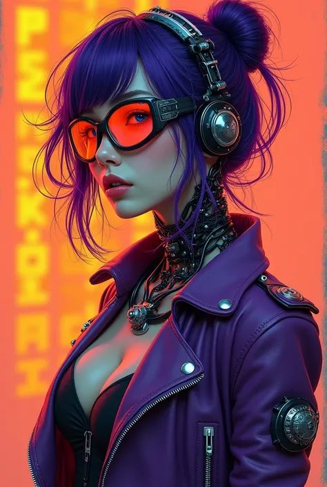 A Korean woman with an aesthetic that mixes cyberpunk and steampunk elements. The woman has striking features: Deep purple hair, tousled as if in motion. Bright blue eyes and dramatic makeup. Technological glasses on her forehead with bright orange lenses....