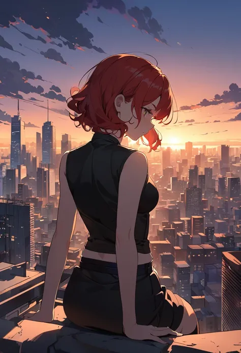 Anime Style, ((Best illustrations)) Brazilian Girls, Redhead, Puberty body, Black Top, Black tight skirt, Black boots, Cityscape, building, Skyline, sunset, Silhouette reflected in the clouds, Contemplative.  