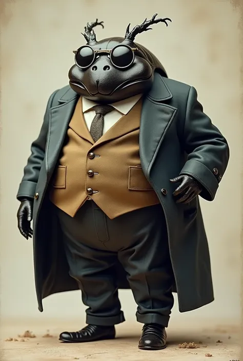 an obese beetle wearing a suit