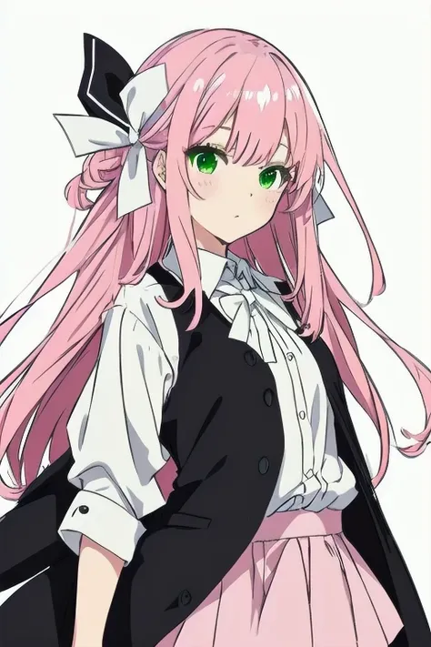 woman，，Pink Hair ，Long hair，Soft hair，Bangs，Part of the hair is tied with a white ribbon，Green eyes，Wear a shirt，
Anime style, White background，