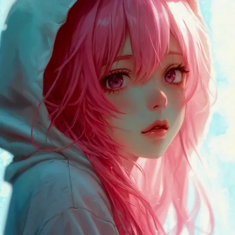 cute girl, pink hair long, hoodie, shirt, shorts