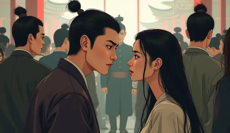 Illustration style，A plainly dressed man and a beautiful woman meet in the crowd，Beautiful woman with tears in eyes，Sad looking man，Man with complicated eyes。There were people standing around，A Tang Dynasty official in the center，With a scrutinizing expres...