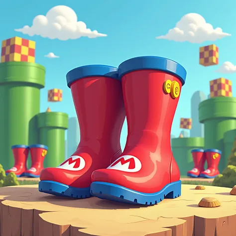 Create an image of a pair of Mario Bros-themed rubber boots. The boots should be bright red and blue, reflecting Marios iconic colors, featuring playful details like yellow buttons and stars. Incorporate the M logo on the front of the boots, as well as on ...