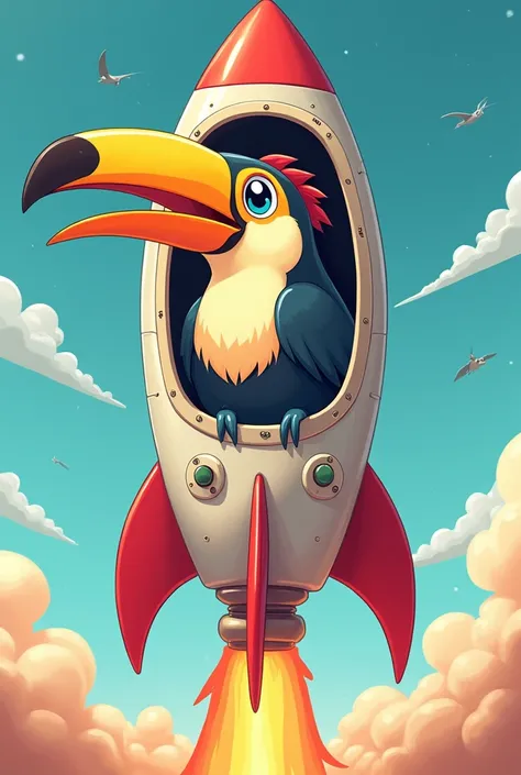 Anime drawing, happy toucan inside a rocket ready to take off 