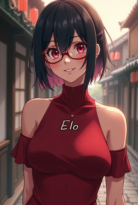 1girl, uchiha sarada in anime boruto, short hair, black hair, hairline a few strands pink, red eyes, smile, beautiful, sexy dress, sexy clothes, there is a name written "ELO" on the red clothes, wearing red glasses, very big breasts, realistic clothes, det...