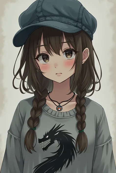 A female anime character with brown hair in half-undone braids and a worn denim cap, a grey sweatshirt with a picture of a black dragon, with almost gray brown skin. That can be seen up to the chest. With a Saturn necklace