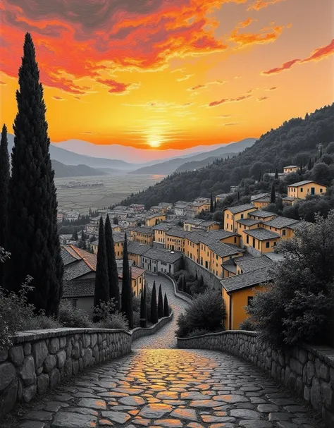 Beautiful landscape of beautiful italian town is in black and white picture, dawn sky is very colorful with many colors in very smooth gradience, oil painting,Van Goghs style