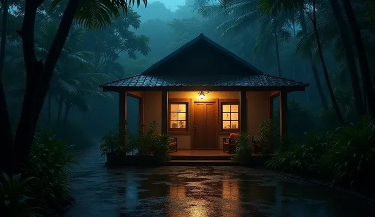 create a cozy porch, with little flare, no sun and moon light. after heavy rain, late midnight, dark background, tropical forest landscape, cozy foggy atmosphere, wet street, sleepy mood, sharp focus, highly detailed, perfect photography, ultra detailed, i...