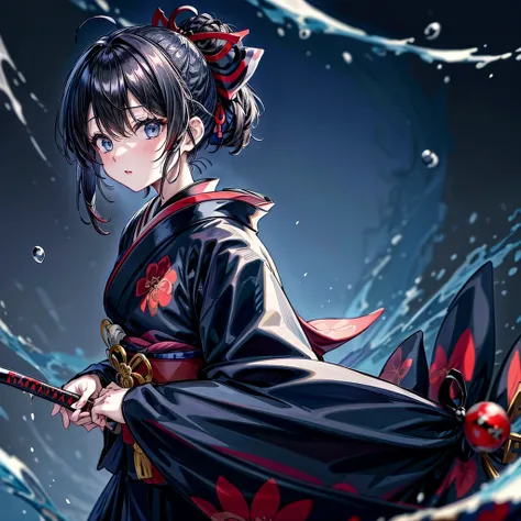 Perfect Anatomy、A girl in a kimono stands holding a jet-black Japanese sword with a shining tsuba.、Original, unique and cute hairstyle、Blue Eyes、Black and red kimono、White splashes on a black background、Ultra HD、Ultra-fine detail、Ultra-fine kimono patterns...