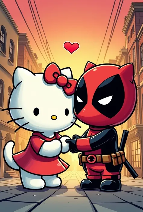 I want a comic drawing of Hello Kitty and Deadpool in love