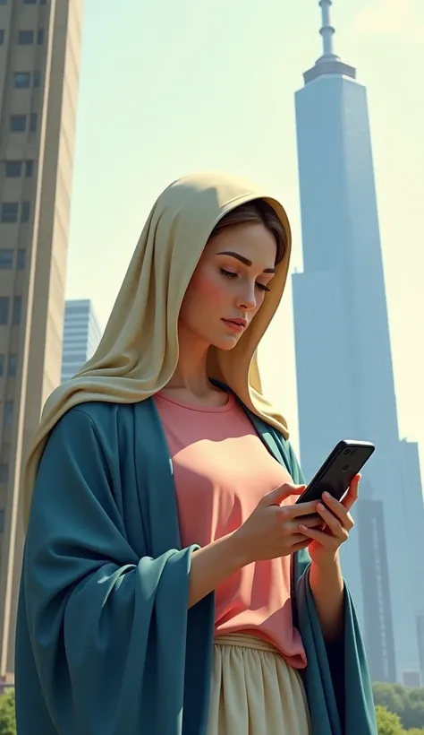 Virgin Mary talking on a smartphone。Salmon pink T-shirt,Blue coat, Beige veil, Simple clothing。Skyscraper