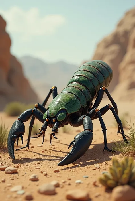 Create a realistic image of a green ant mixed with a black scorpion.