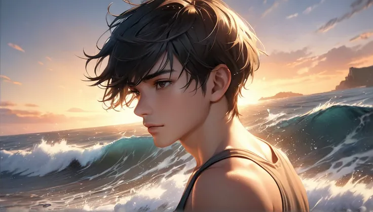 Best Quality, 8k, Realistic, Physically Based Rendering, (Golden Ratio), 1 person, Affectionate, Detailed Hair, Detailed face, Fine grain, Digital Art Octane Rendering, masterpiece, A young man with short black hair, Brown-eyed young man,Young man in tank ...