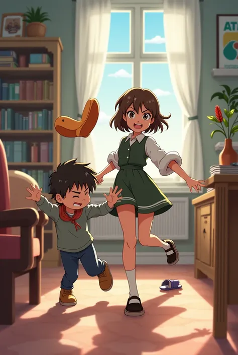 Show a LADY RUNNING BEHIND THE CHILD AND A FLYING SLIPPERS SLIPPER SLIPPERS SLIPPER IN STUDY ROOM STUDY ROOM  in ANIME STYLE AND SLIPPER BETWEEN BOY And LADY show angry 😡 LADY and SHE had not wear SLIPPERS IN BACK LEG 
SHE only WEAR SLIPPERS IN FRONT LEG